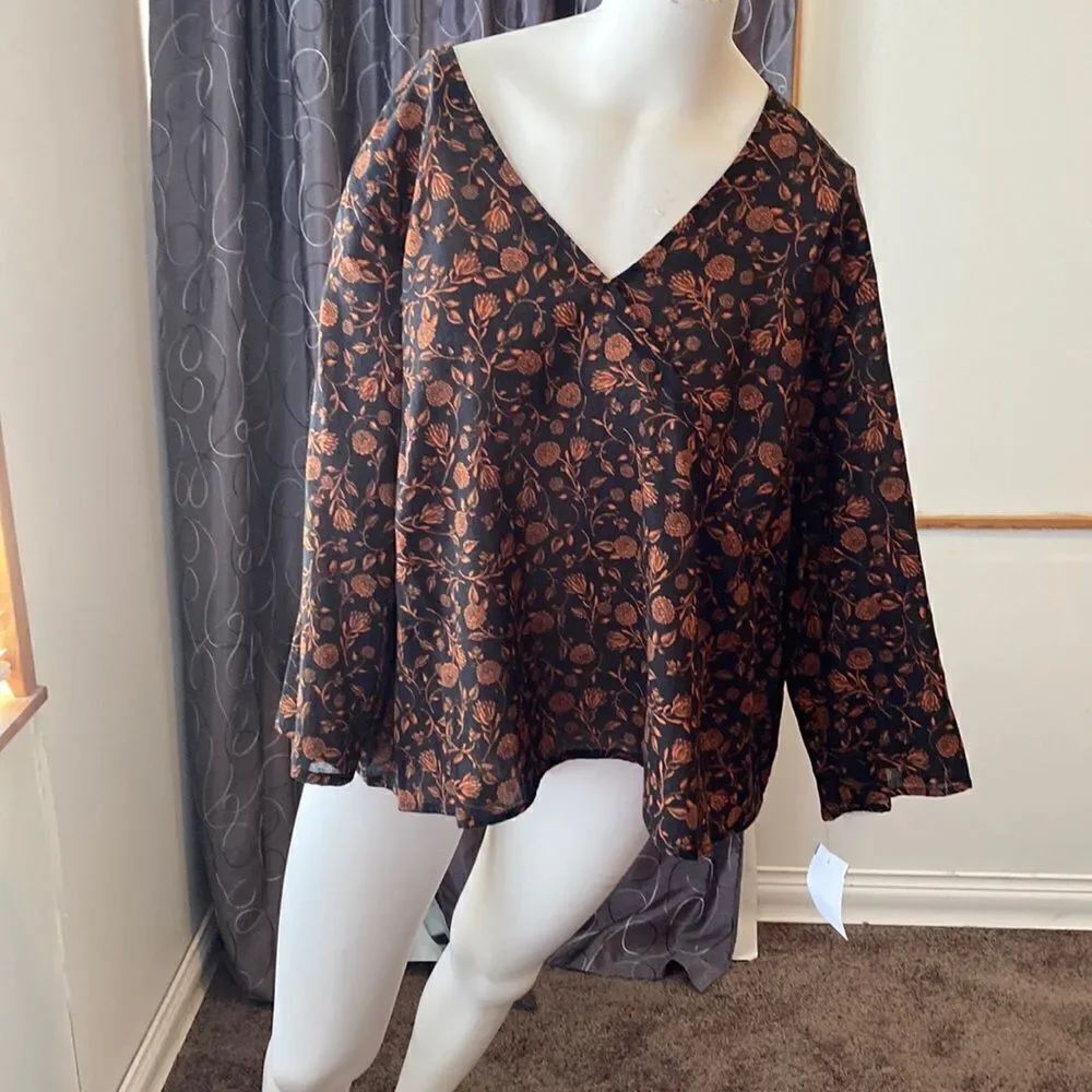 Ana Floral print Black:Orange Cotton V-neck 3/4 sleeves blouse, size 1X